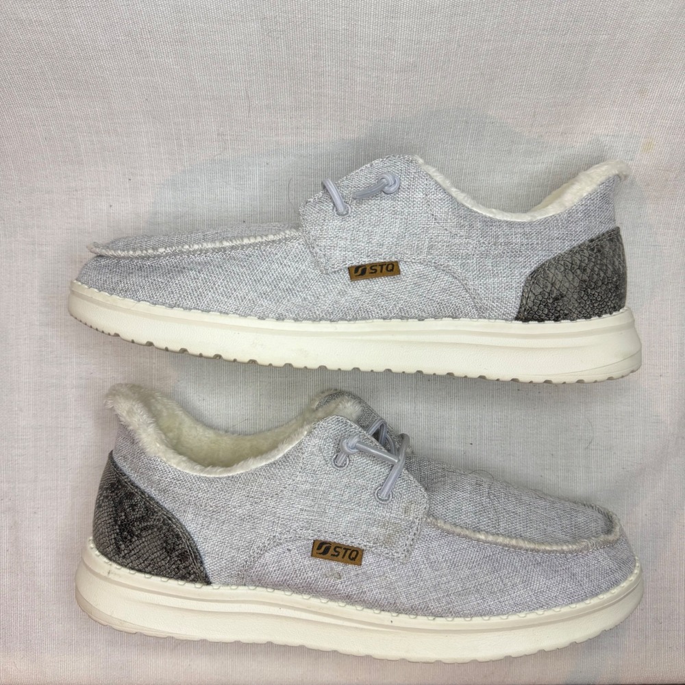 STQ Womens Gray Canvas Slip On Loafers Faux Fur Lined Arch Support Shoes Size 9